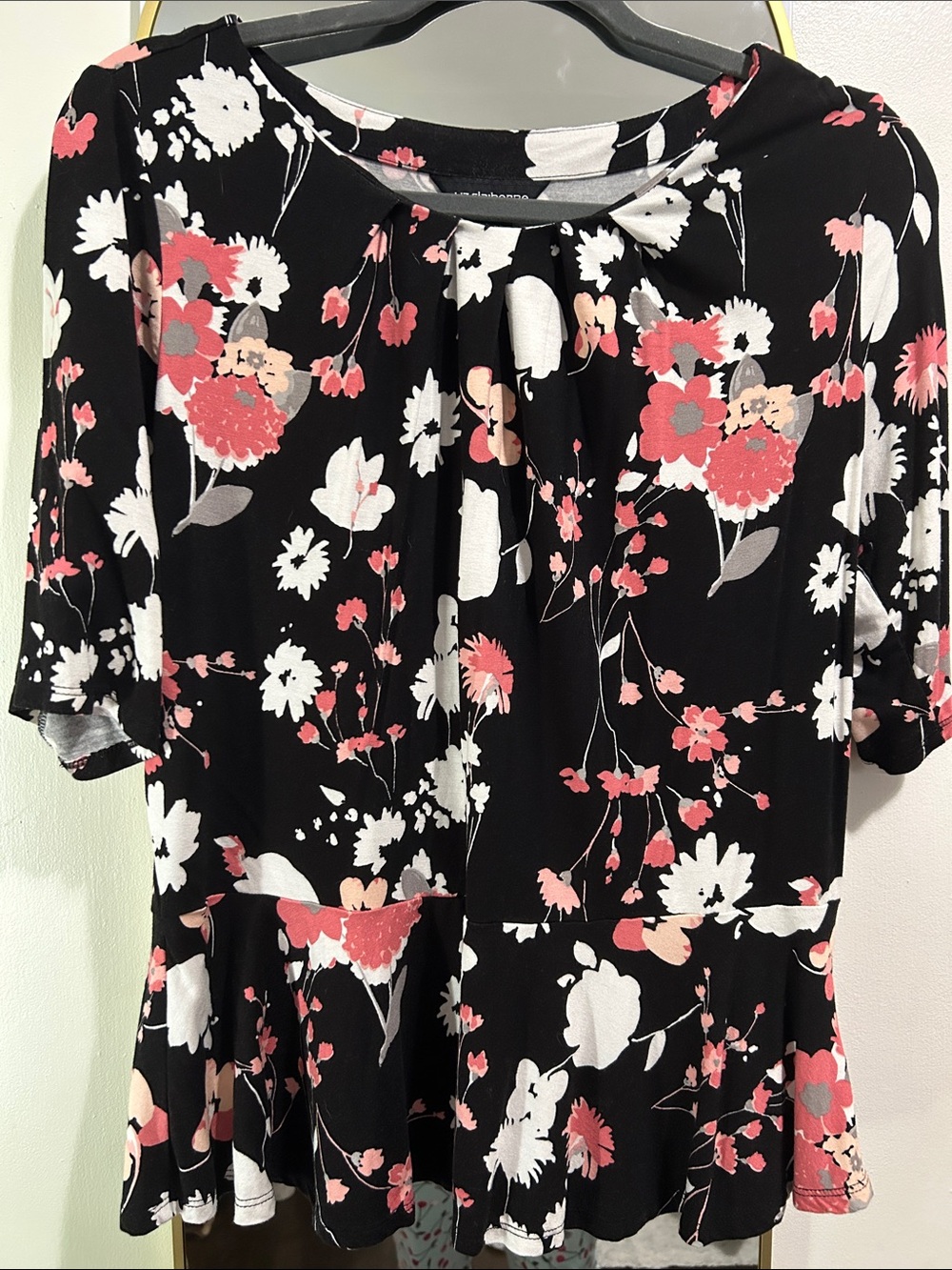 Liz Claiborne Black Floral Peplum Tunic with Pink and White Blooms